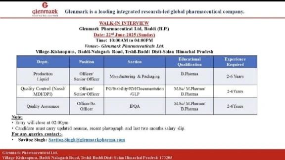Glenmark Pharmaceuticals Walk-in Interview for Manufacturing Unit in Baddi on 22nd June