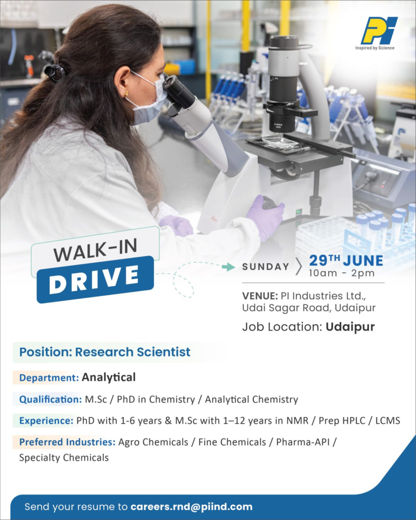 PI Industries Walk-in Drive for Research Scientist in Udaipur on 29th June