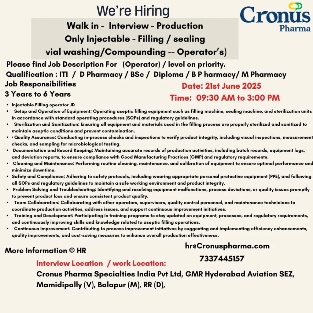 Cronus Pharma Walk-in Interview for Injectable Filling Operators on 21st June