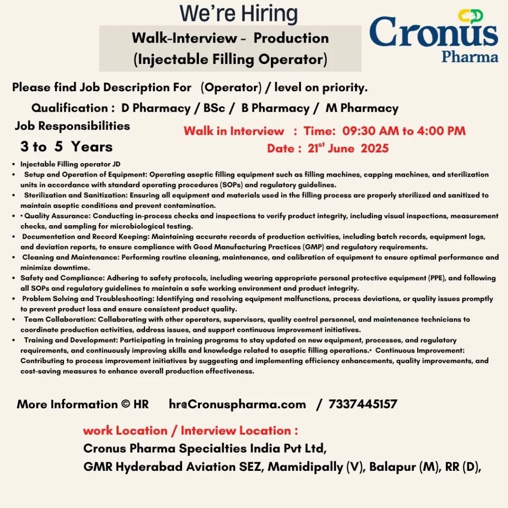 Cronus Pharma Walk-in Interview for Injectable Filling Operators on 21st June