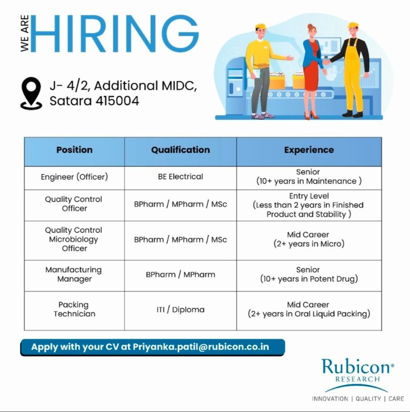 Rubicon Research Is Hiring for Engineer, Quality Control Microbiology Officer in Satara