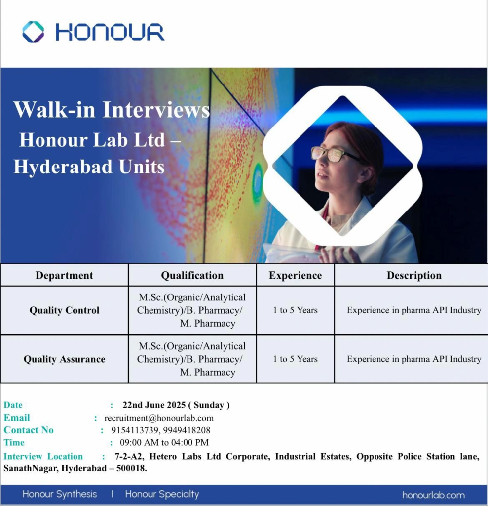 Honour Lab Ltd Walk-in Interviews for Quality Control and Quality Assurance roles – June 22, 2025