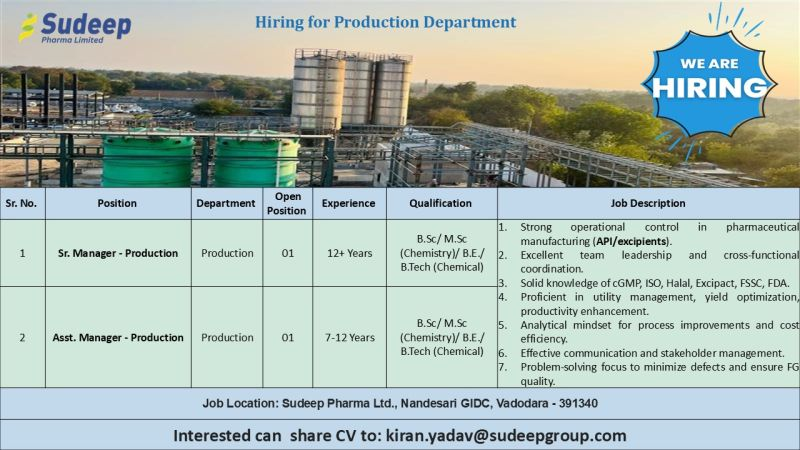 Sudeep Pharma Limited Hiring for Production Department in Vadodara