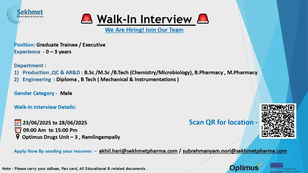 Sekhmet Pharmaventures Walk-in Interview for Production, QC & AR&D – June 23-28 (0–3 Years Exp)