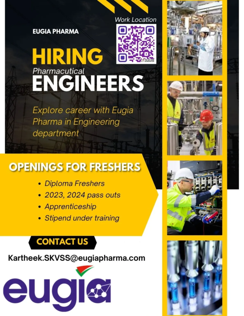 Eugia Pharma is Hiring for Engineering Opportunities for Diploma Freshers in Hyderabad – 2025
