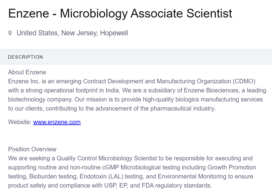 Enzene is Hiring for Microbiology Associate Scientist in Hopewell, New Jersey – 2025