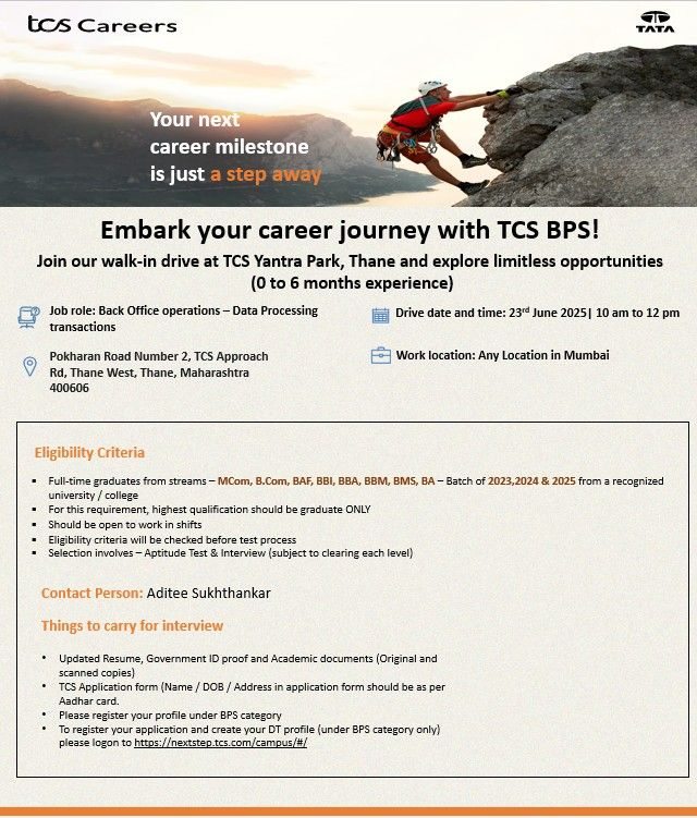 TCS BPS Walk-in Drive for Freshers in Back Office Operations in Thane – June 23, 2025
