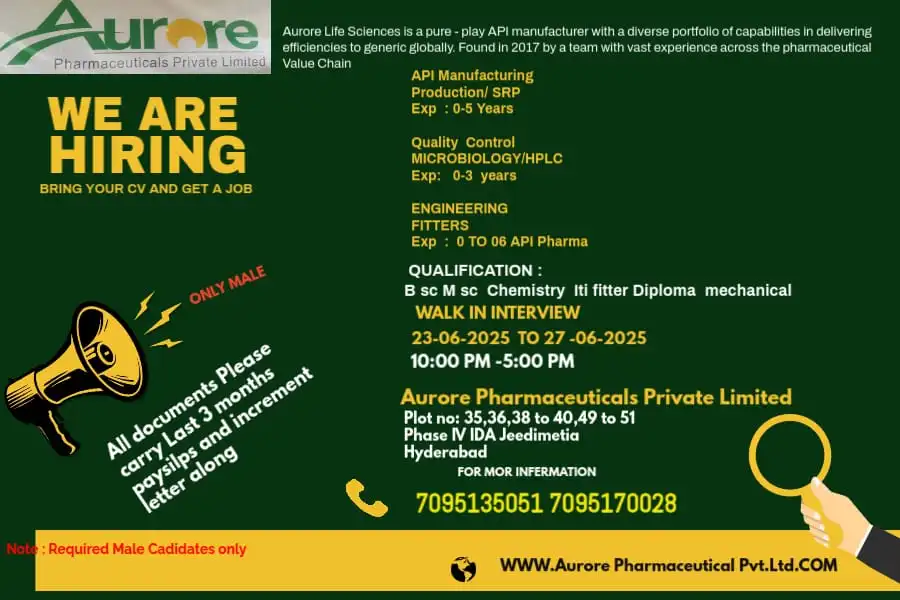 Aurore Pharmaceuticals Pvt. Ltd. Hosts Walk-In Drive for API Manufacturing Roles in Hyderabad on 23rd - 27th June