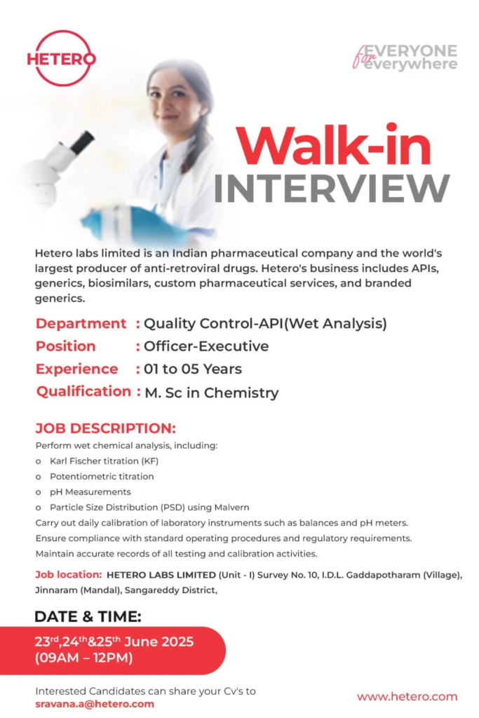 Hetero Labs Limited Hosts Walk-In Drive for Quality Control Roles on 23rd - 25th June