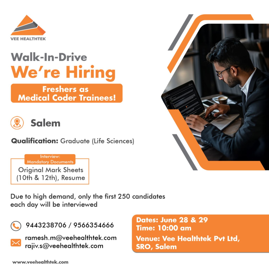 Vee Healthtek Hosts Walk-In Drive for Freshers as Medical Coder Trainees on 28th - 29th June