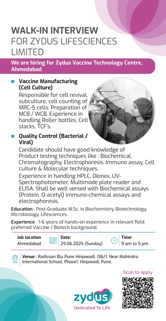 Zydus Lifesciences Walk in Drive for Biotech Careers in Vaccine Manufacturing on 29th June