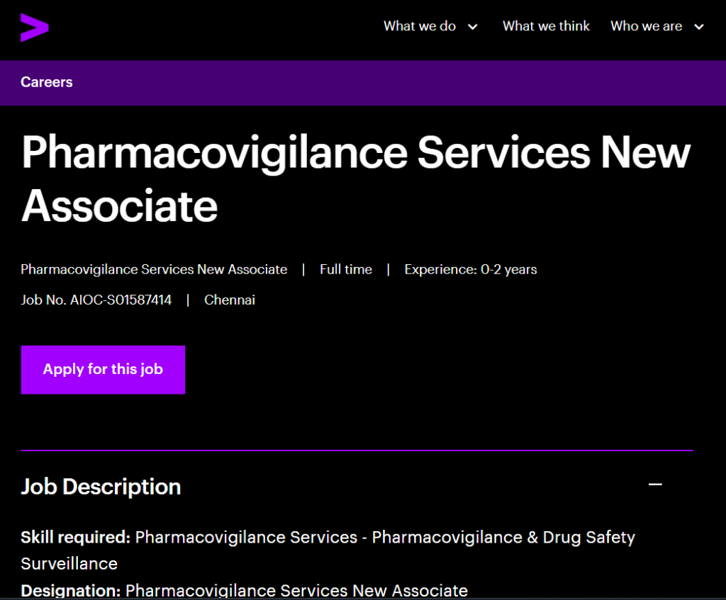 Freshers Jobs @ Accenture - Pharmacovigilance Services New Associate in Chennai