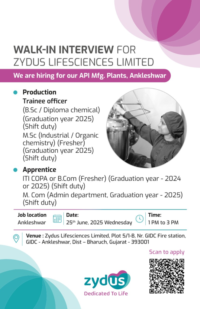 Entry-Level Job Openings @ Zydus Lifesciences Walk-In Drive for Production Trainee Officer - Apprentice on 25th June