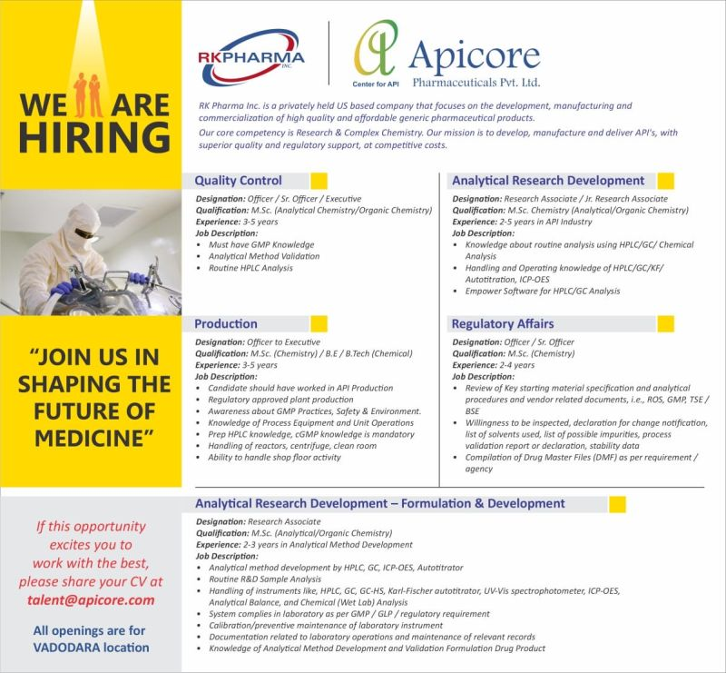 RK Pharma Apicore - Job Openings for Regulatory Affairs, Production, Quality Control and F&D Roles