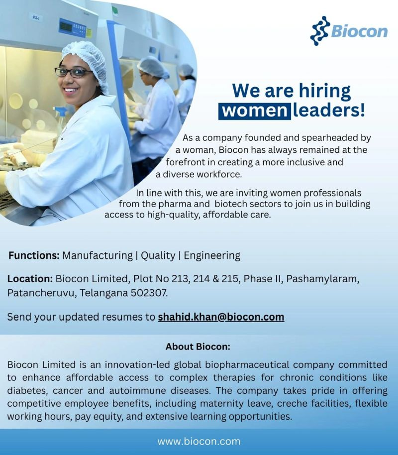 Biocon - Hiring Women Leaders in Pharma & Biotech for Multiple Roles