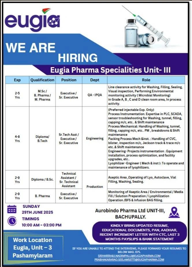 Eugia Pharma Walk-In Drive for Production, Quality Assurance and Engineering Roles on 29th June
