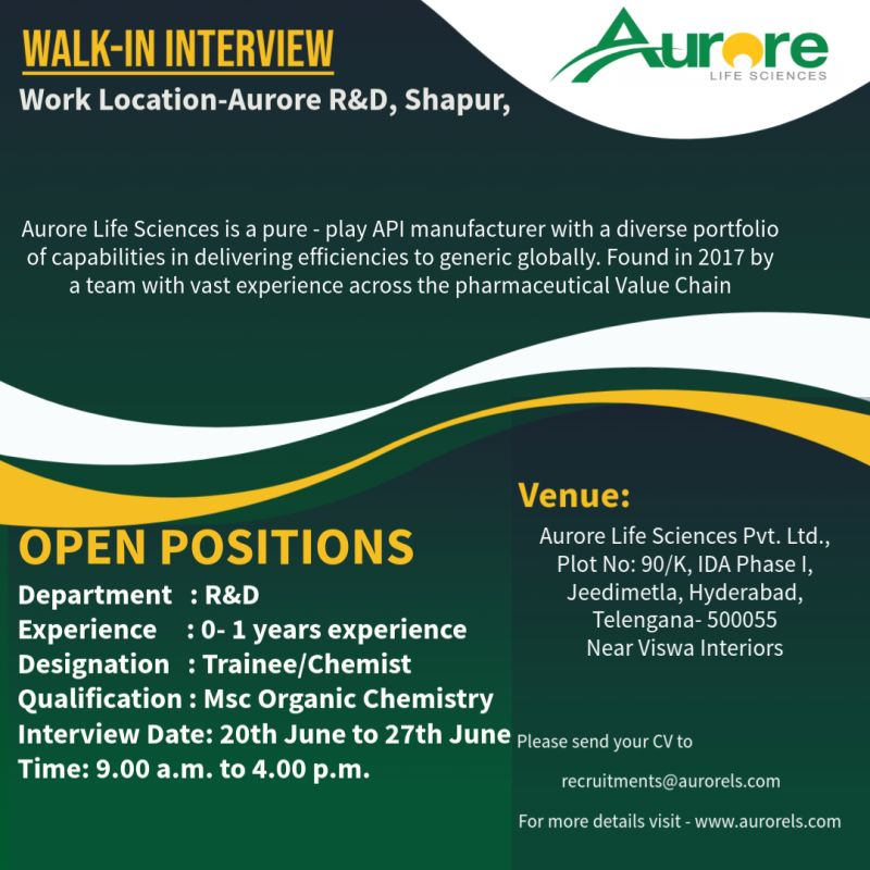 Aurore Life Sciences Walk-In Drive for Freshers in R&D Roles on 25th - 27th June