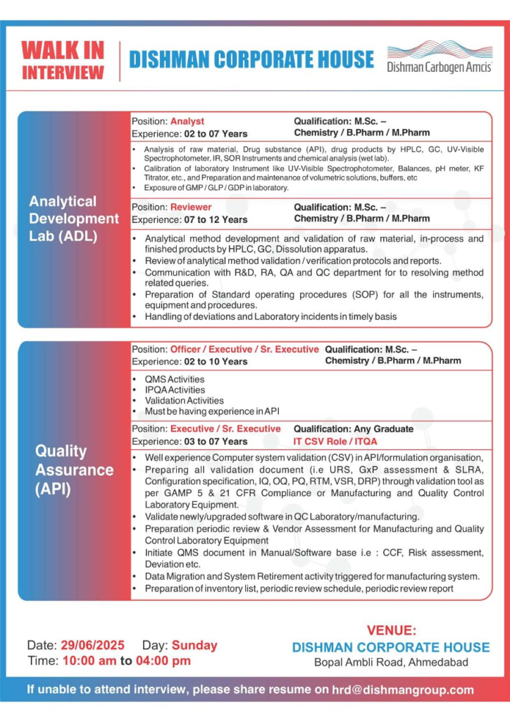 Dishman Carbogen Amcis Walk-In Drive for QA, ADL, Research & Development and Engineering Roles on 29th June