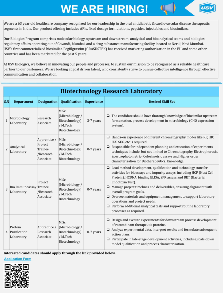 USV Biologics is Hiring for Multiple Positions in Biotechnology Research (0 - 7 Years Exp)