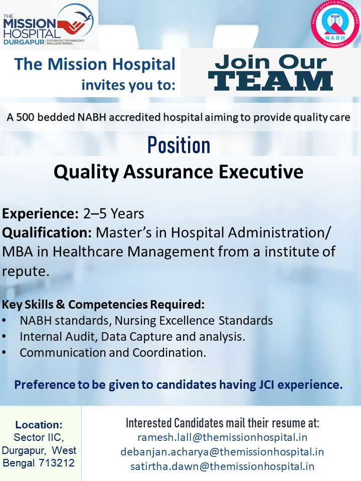 The Mission Hospital is Hiring for Quality Assurance Executive in Durgapur