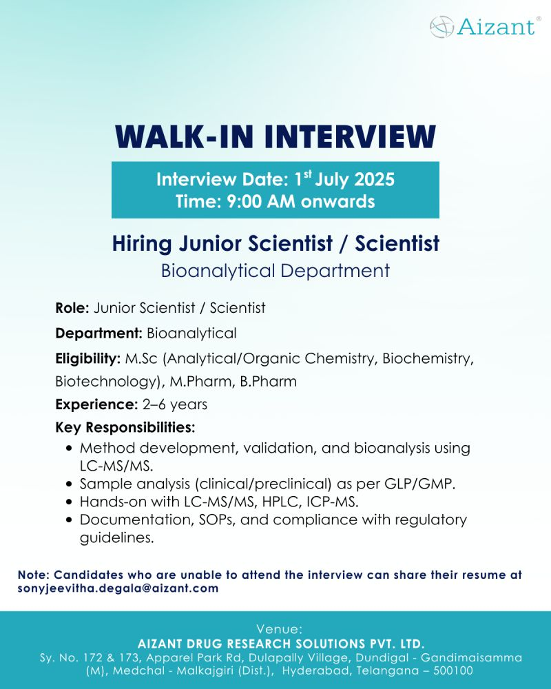 Aizant Walk-In Drive for Bioanalytical Department on 1st July