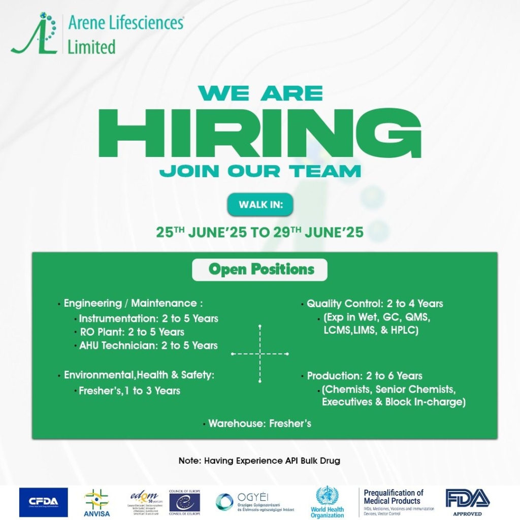 Freshers Job @ Arene Lifesciences Walk-In Drive for API Manufacturing on 26th - 29th June