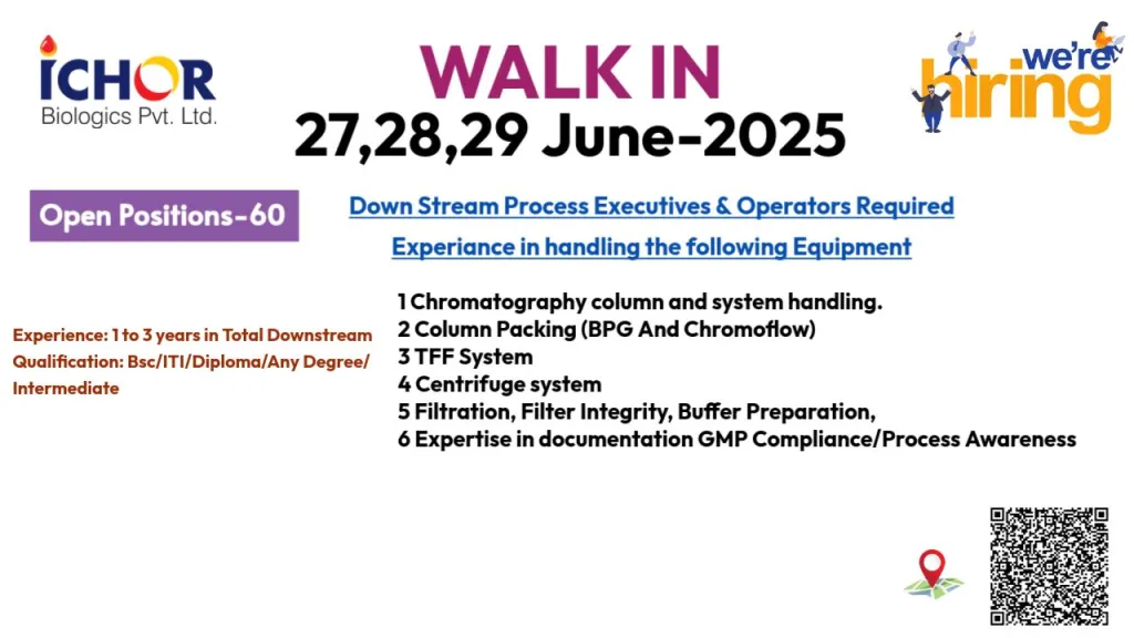 Ichor Biologics Walk-In Drive for Downstream Process Roles on 27th - 29th June