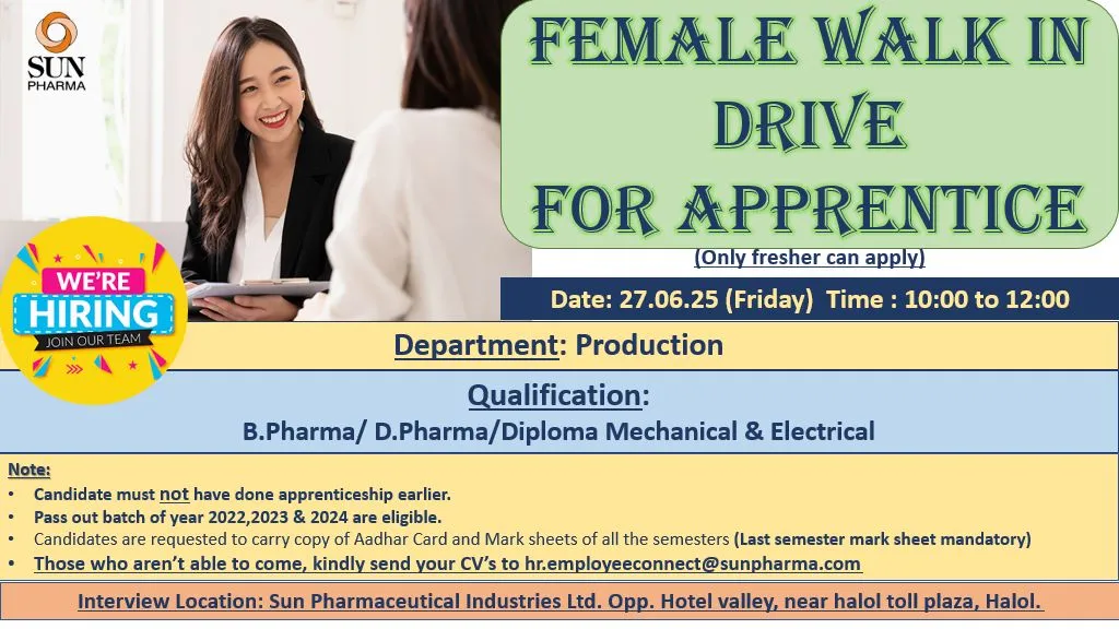 Freshers Jobs @ Sun Pharma Female Walk-In Drive for Apprentice Roles on 27th June