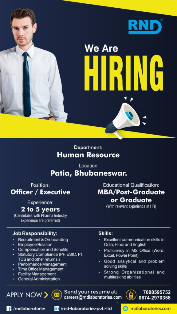 ND Laboratories Is Hiring Any Graduate or Post-Graduate for HR Officer/Executive Candidates in Bhubaneswar