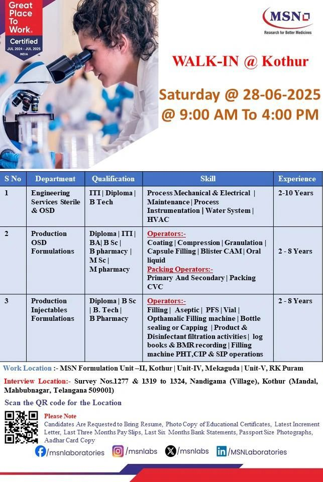 MSN Laboratories Walk-In Drive for Engineering and Production on 28th June