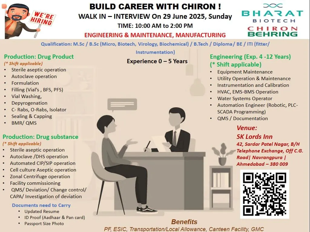 Freshers Jobs @ Bharat BioTech (Chiron Behring) Walk-In Drive for Engineering & Manufacturing on 29th June (0 - 7 Years Exp)