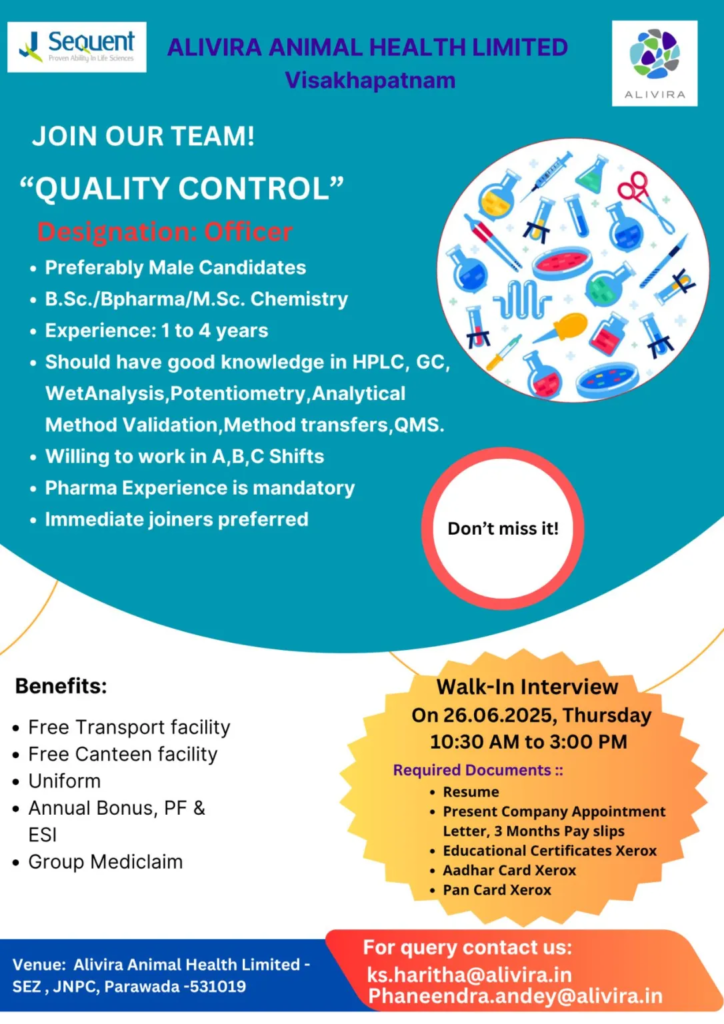 Alivira Animal Health Walk-In Drive for Quality Control on 26th June