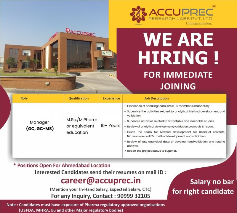 Accuprec Research Labs - Urgent Hiring for Manager (GC, GC-MS) Opportunity in Ahmedabad