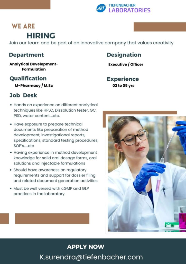 Tiefenbacher Laboratories is Hiring for Analytical Development Roles in Hyderabad