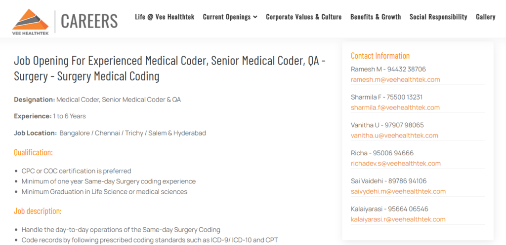 Vee Technologies - Hiring for Medical Coder, Senior Medical Coder, and QA in Multiple Locations