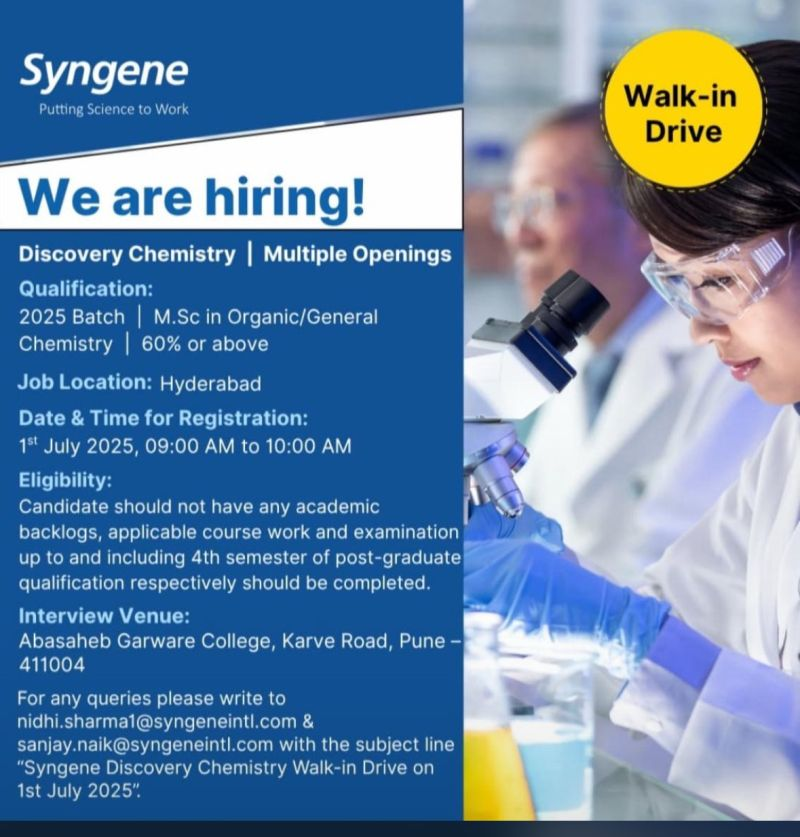 Syngene Walk-In Drive for Discovery Chemistry Roles on 1st July