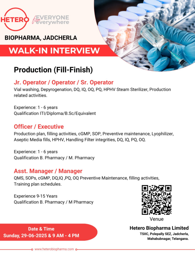 Walk-In Drive @ Hetero Biopharma - Hiring for Production (Fill-Finish) Roles on 29th June