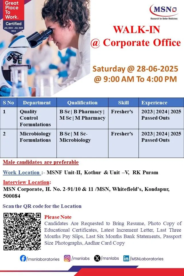 Freshers Jobs @ MSN Laboratories Walk-In Interview Quality Control & Microbiology Roles on 28th June
