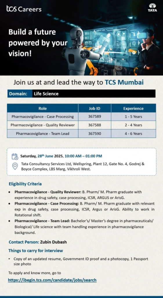 TCS Walk-In Interview for Pharmacovigilance Roles on 28th June