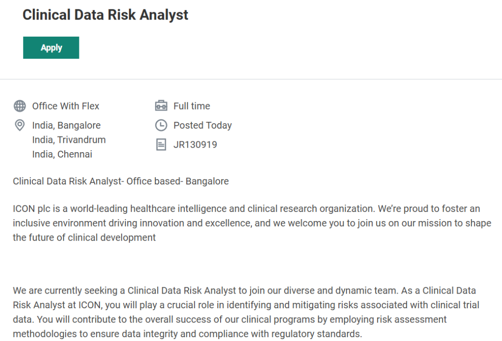 ICON is Hiring for a Clinical Data Risk Analyst in Bangalore, Chennai, or Trivandrum