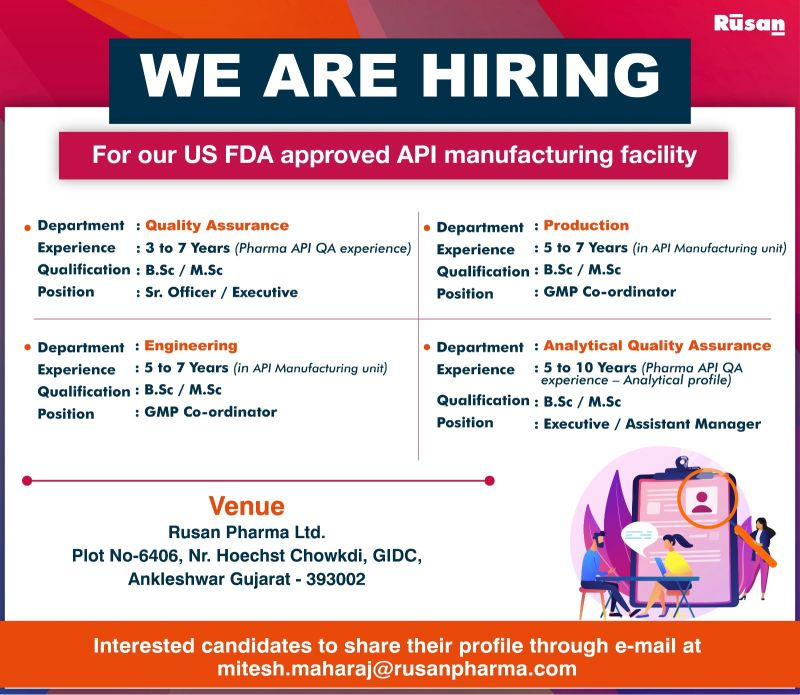 Rusan Pharma Is Hiring for B.Sc or M.Sc in Production, QA, and Engineering Roles