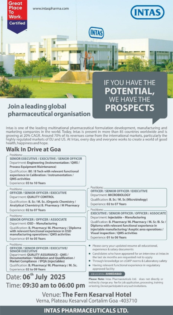 Intas Pharmaceuticals Walk-In Drive for QA, QC, Engineering, Injectable Manufacturing and OSD Manufacturing on 6th July