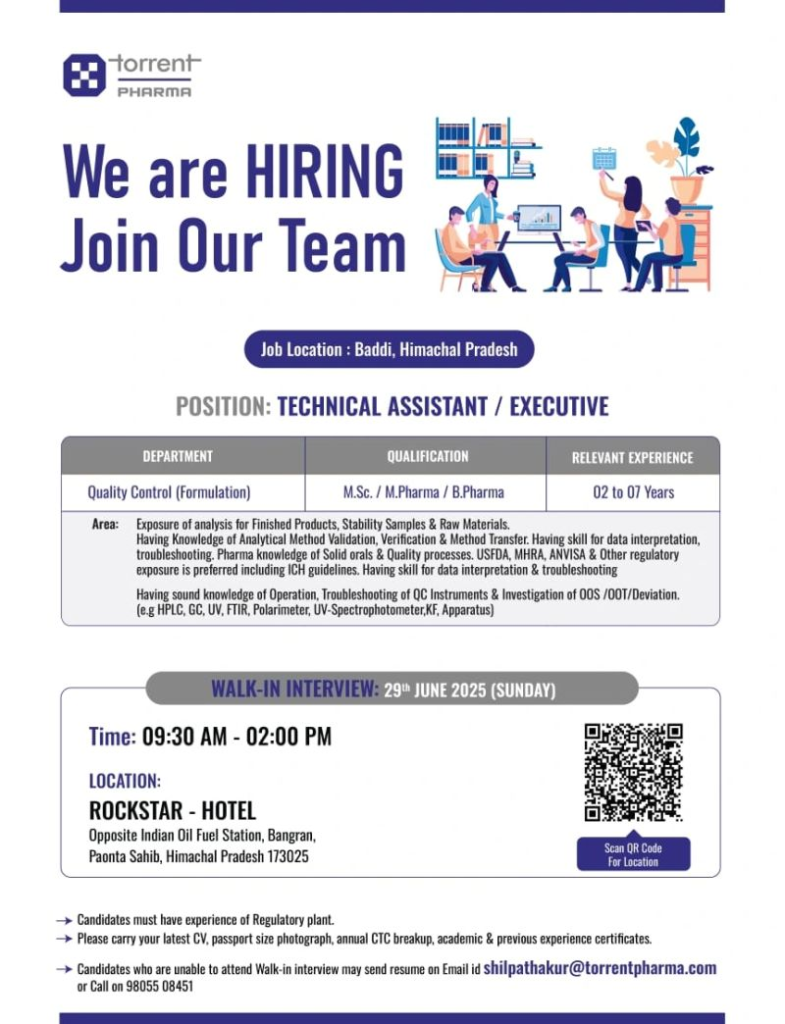 Torrent Pharma Walk in Drive for Technical Assistant / Executive in Quality Control (Formulation) – 29th June