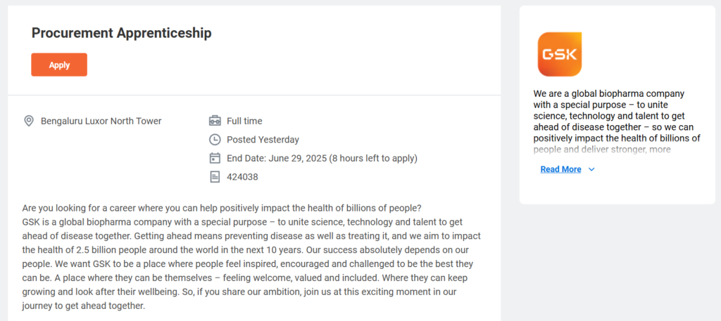 GSK Hiring for Procurement Apprenticeship in Bengaluru – ₹50,000 per month