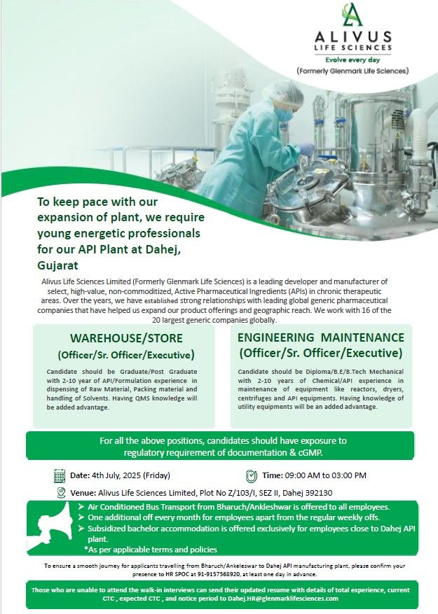 Alivus Life Sciences: Walk-In Drive for Warehouse and Engineering Maintenance Roles in Dahej, Gujarat – July 4, 2025
