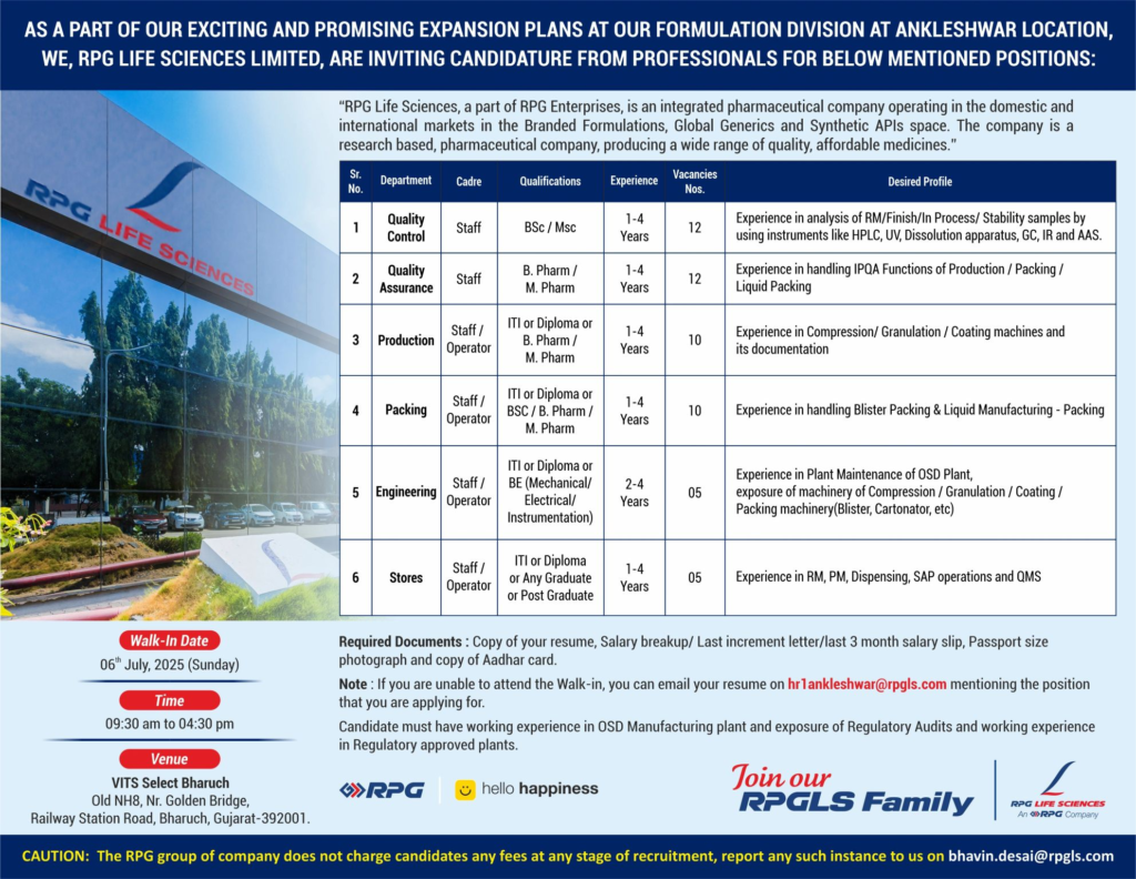 RPG Life Sciences Walk-In Drive for Quality, Production, Packing, Engineering, and Stores Roles – July 6, 2025