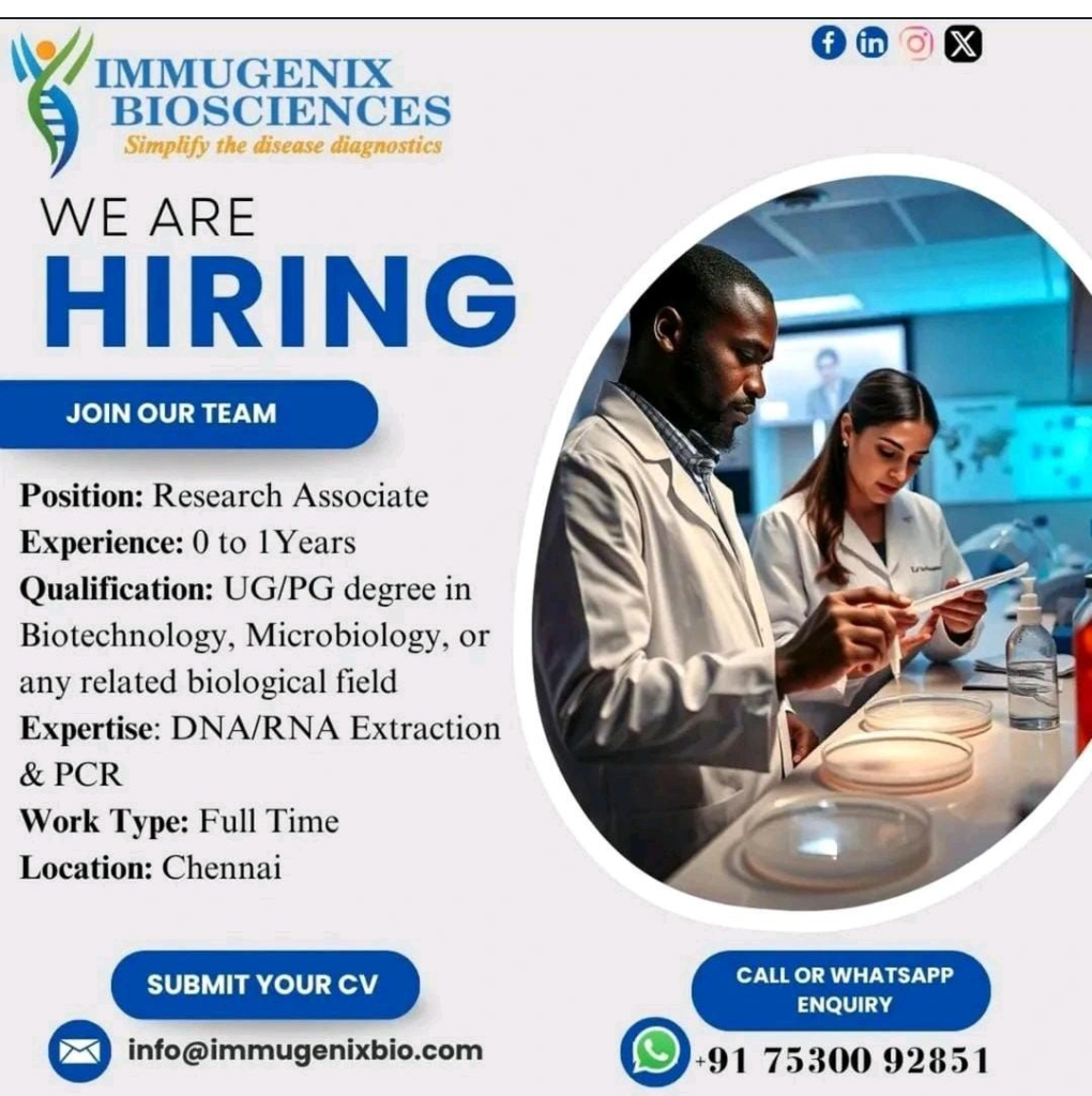 Immugenix Biosciences is Hiring Freshers for Research Associate in Chennai