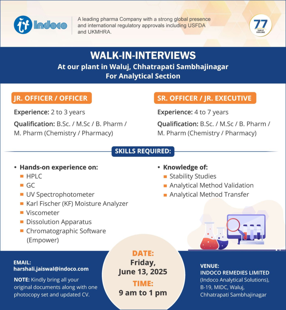 Indoco Remedies Walk-In Interview for Analytical Roles in Waluj, Chhatrapati Sambhajinagar - June 2025