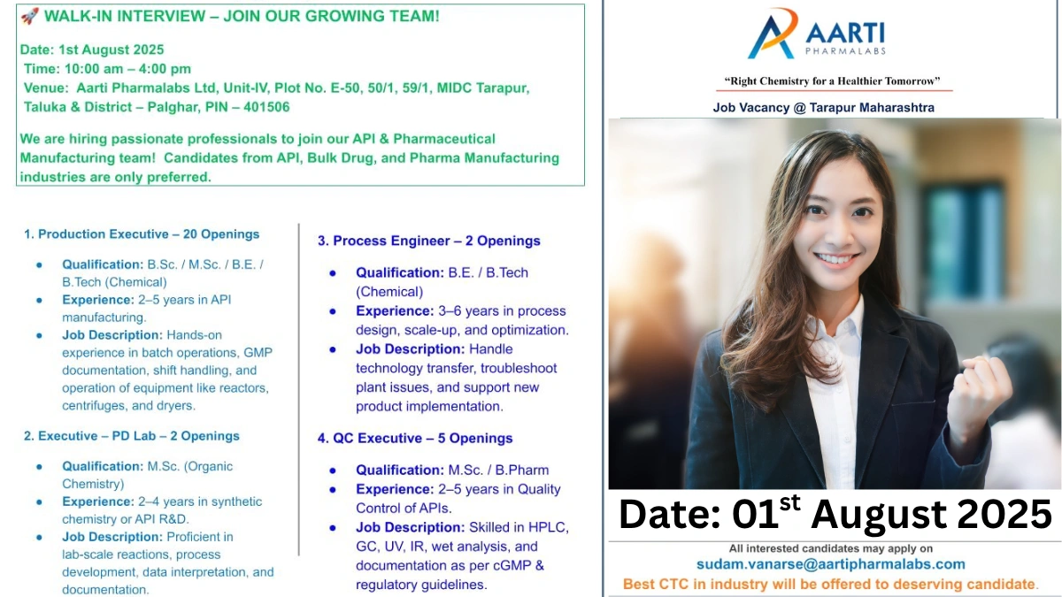 Aarti Pharmalabs Walk-In Interview for API & Pharmaceutical Roles on 1st August