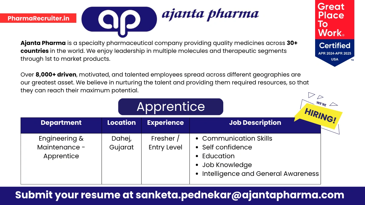 Ajanta Pharma - Apprentice Opportunity in Engineering & Maintenance